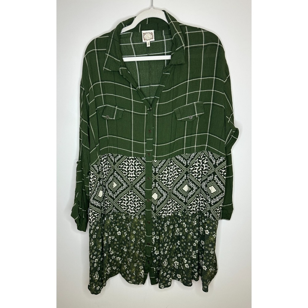 Trueself Mixed Print Plaid Floral Button Tunic Top Green Roll Tab Shirt Size 3X - Picture 12 of 12